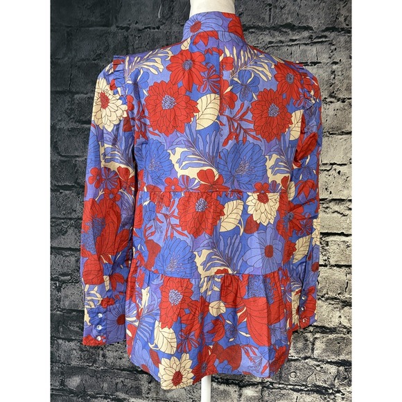 Tuckernuck Blouse Womens M Red Blue Floral Peplum Long Sleeve Cotton Top - Picture 3 of 15